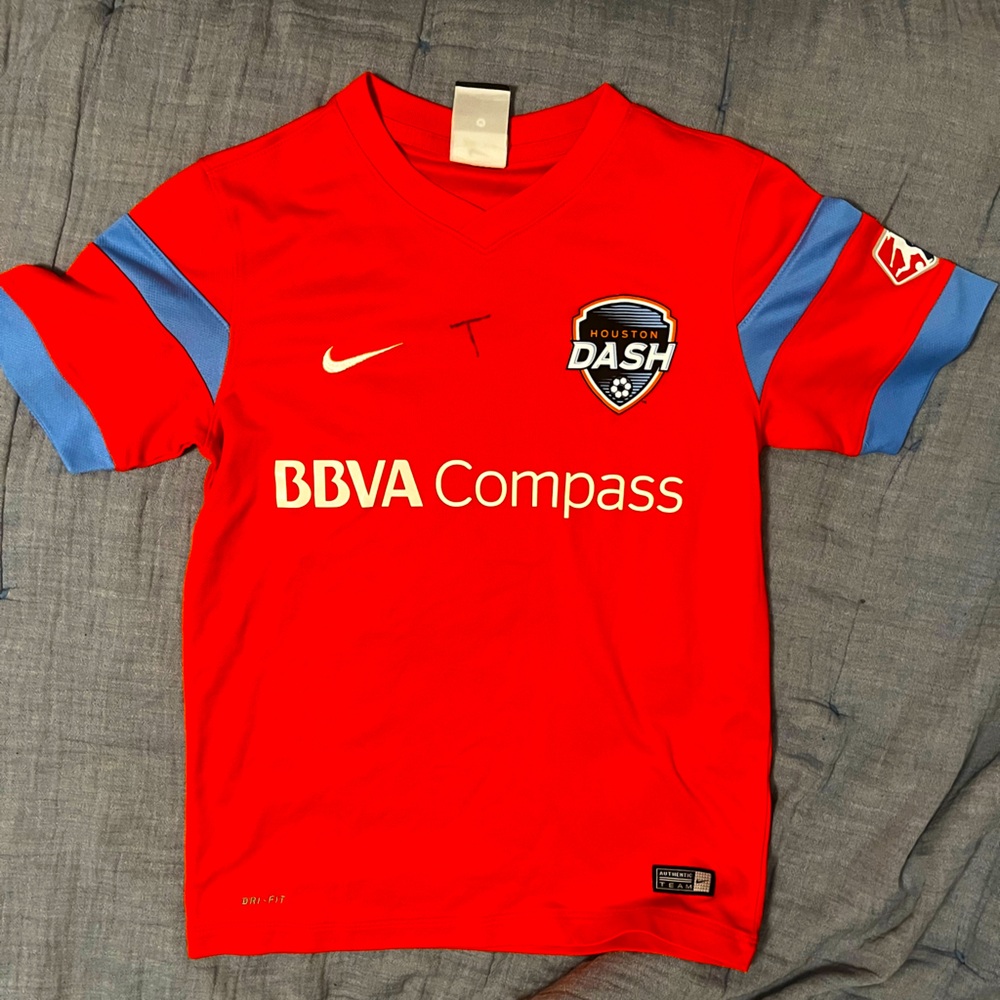 Signed 2014 Houston Dash Nike orange soccer jersey featuring C. Lloyd autograph
